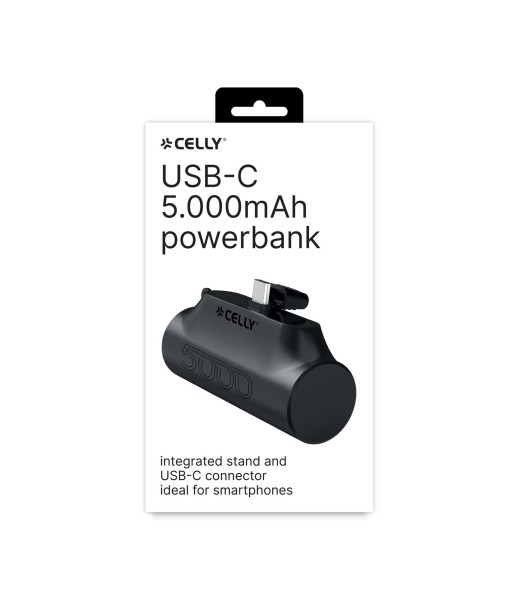 POWER BANK NOIRE AVEC PORT USB C INTEGRE SUPPORT 5000mAh CELLY