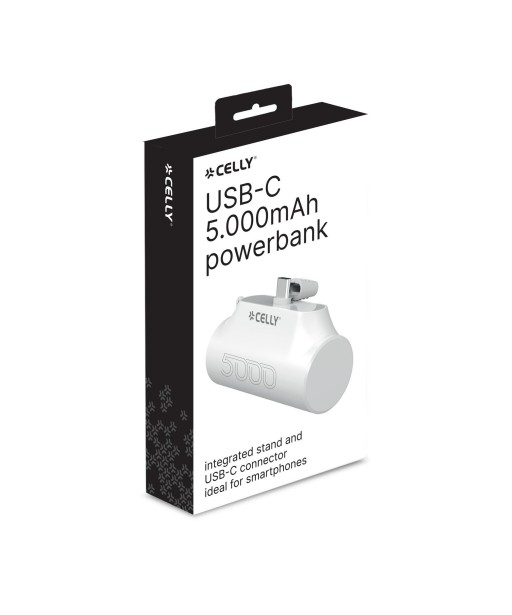 POWER BANK BLANCHE AVEC PORT USB C INTEGRE SUPPORT 5000mAh CELLY