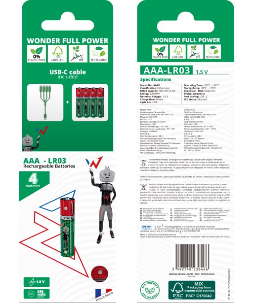 PACK DE 4 ACCUS LR03 AAA RECHARGEABLE USB C WONDER