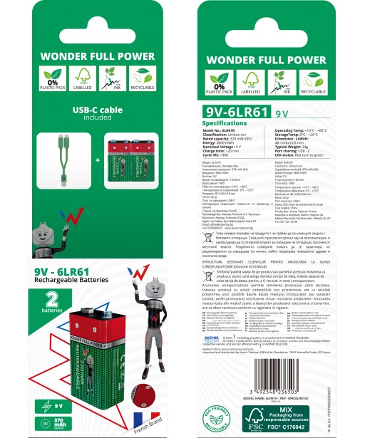 PACK DE 2 ACCUS 6LR61 9V RECHARGEABLE USB C WONDER