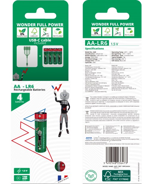 PACK DE 4 ACCUS LR06 AA RECHARGEABLE USB C WONDER