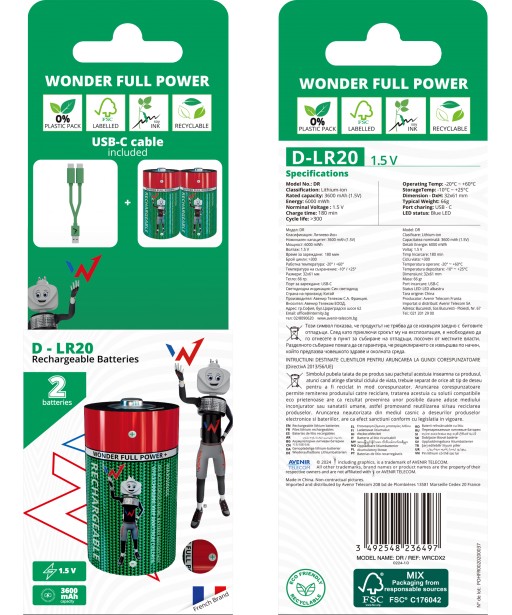 PACK DE 2 ACCUS LR20 D RECHARGEABLE USB C WONDER