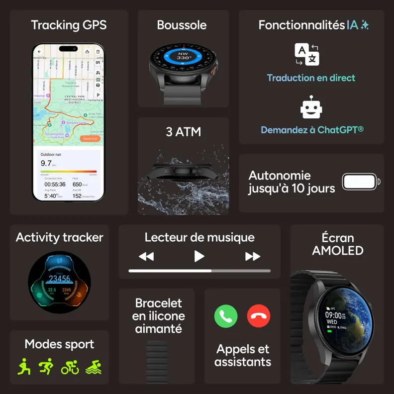 Montre connectee horizon GPS AI noire — KSIX, vue 1