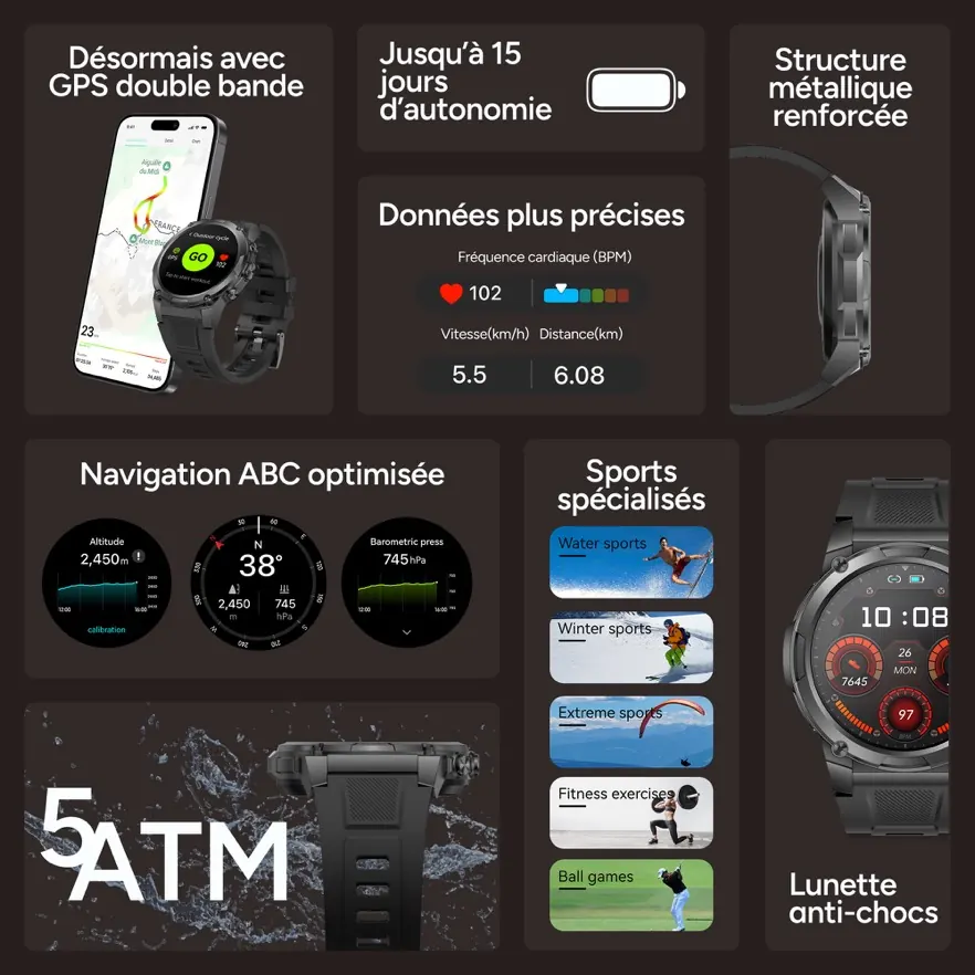 Montre connectee explorer 2 GPS noire — KSIX, vue 1