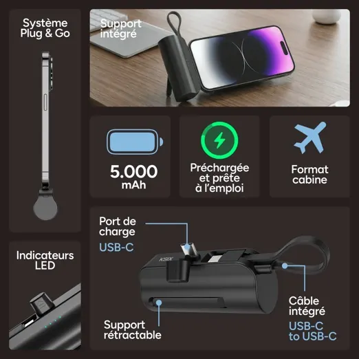 Power bank noire avec support 5000mah — KSIX, vue 1
