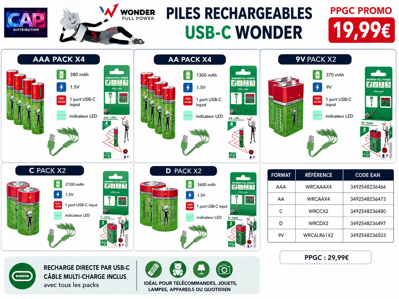 Pack de 2 accus lr20 d rechargeable USB c — WONDER, vue 1