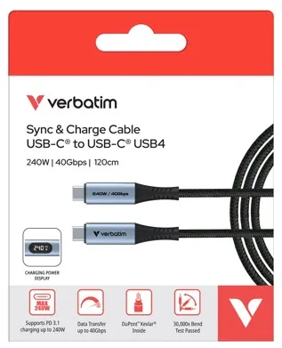 Cable USB-C avec écran LED charge date et vidéo 4K 240w 120cm noir — VERBATIM, vue 4