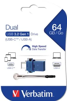 Clé USB 3,2 dual USB-C et USB-A 64 Go bleue — VERBATIM, vue 2